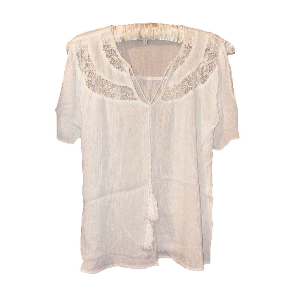 Heartloom Women’s White Gauze Lace Trimmed Cold Shoulder Top Size Small